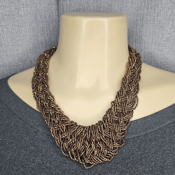 Braided Bronze Beaded Necklace - Picture 1 of 8